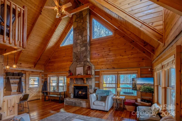 Two-story stone fireplace