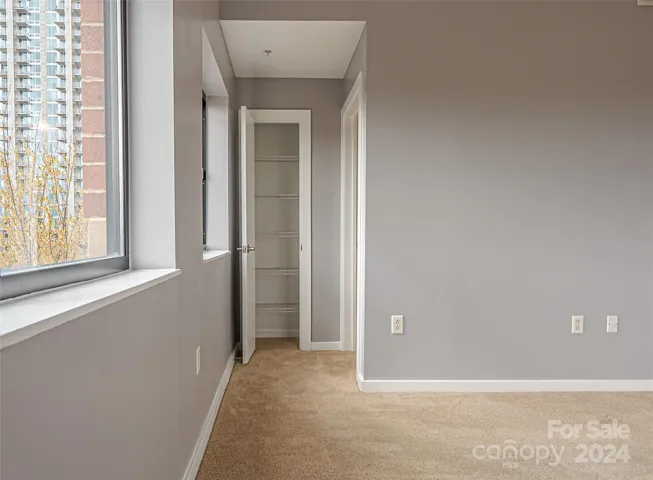 Entry to the primary bathroom, with more storage space for linens, etc