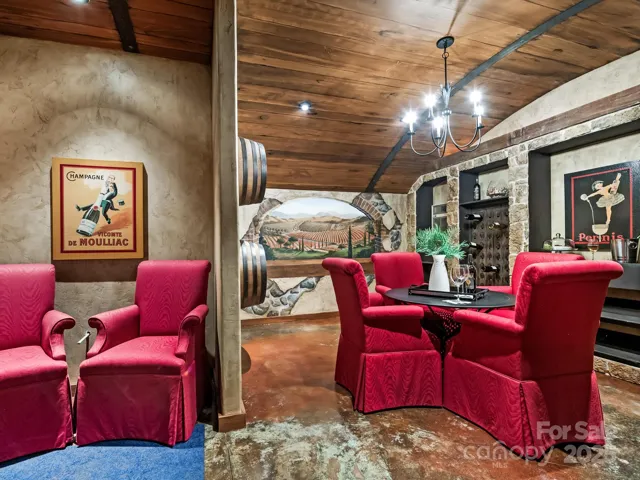 Customized wine cellar w antique door and hand painted murals and rough in for sink, etc