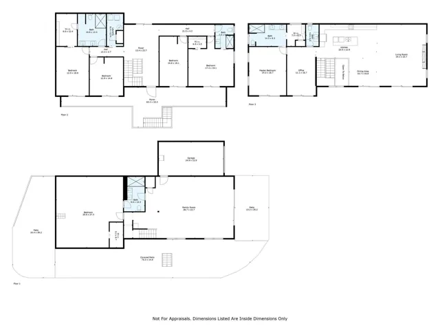 Floor plan and dimensions for all three levels.