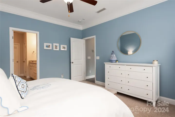 Primary suite with bathroom and large walk in closet.