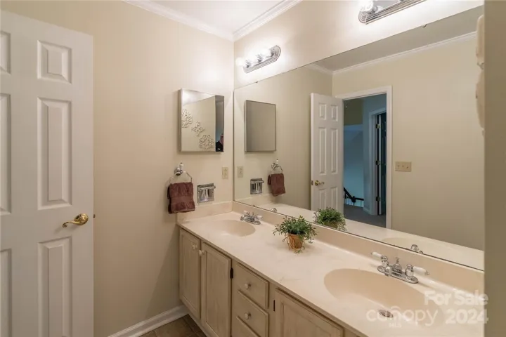 Hall bathroom has two basins