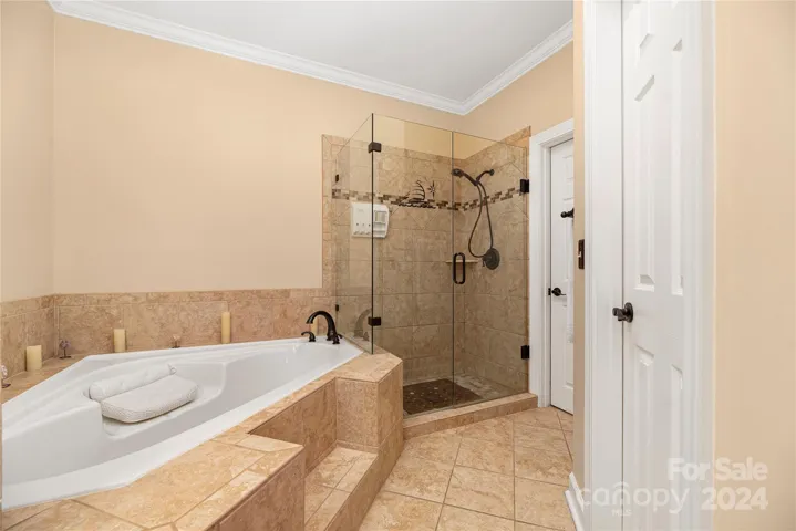 Primary bathroom - soaking tub and frameless glass shower