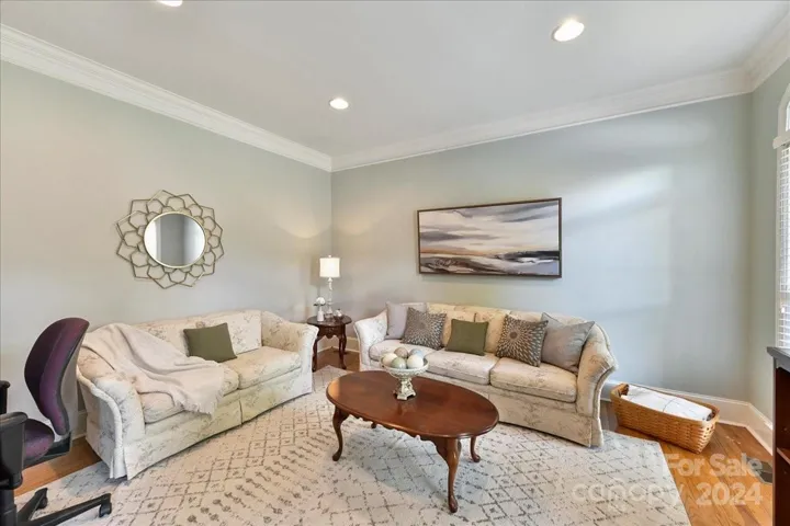 Private Living Room/Office with Heavy Moldings, Wood Floors and Recessed Canned Lighting
