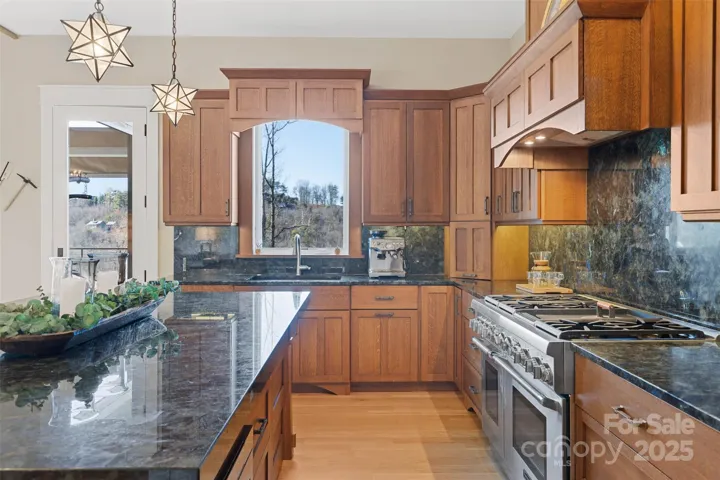 Thermador Professional appliances paneled to match cabinetry. Solid Labradorite stone countertops and backsplash with iridescent  pops of blues and greens. Appliance garage and hidden outlets under the upper cabinets. Walk-in pantry not pictured.