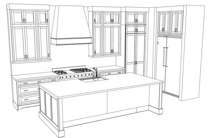 Kitchen cabinet layout- Fridge will be paneled with matching cabinetry. Hidden pantry doors to the right of the range*For visual representation only