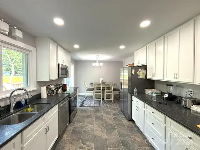 Main floor wide kitchen and dining area.