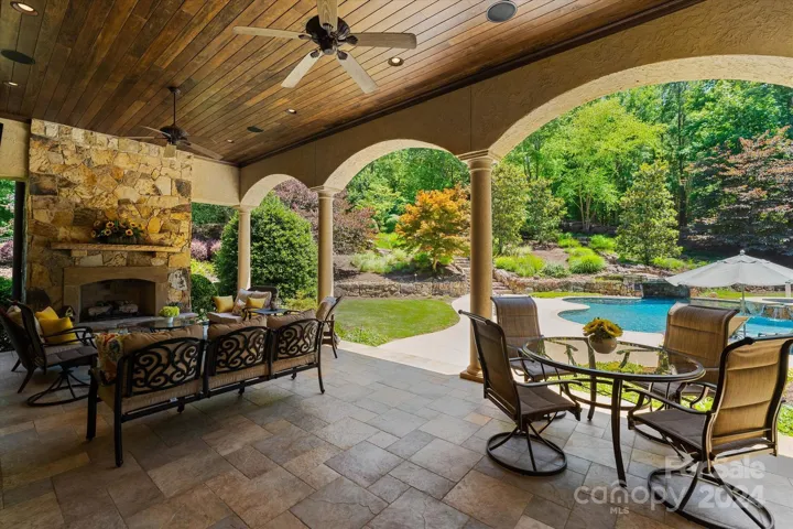 Covered patio with fireplace