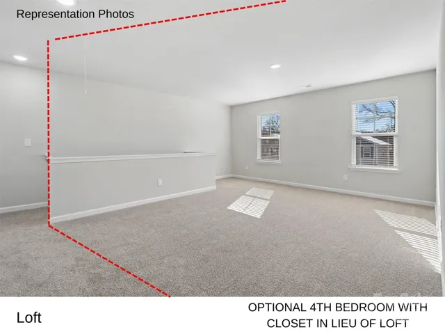 Lines are not precise. This only give you the idea of what the 4th bedroom in lieu of loft looks like. Lines were not drawn for the closet in this illustration.