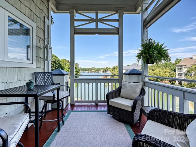 Covered terrace with lake views