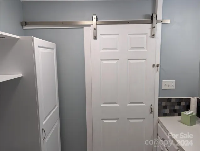 Barn style door in hall bath