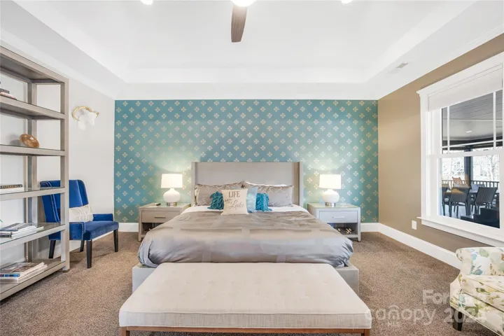 Primary bedroom with custom wallpaper