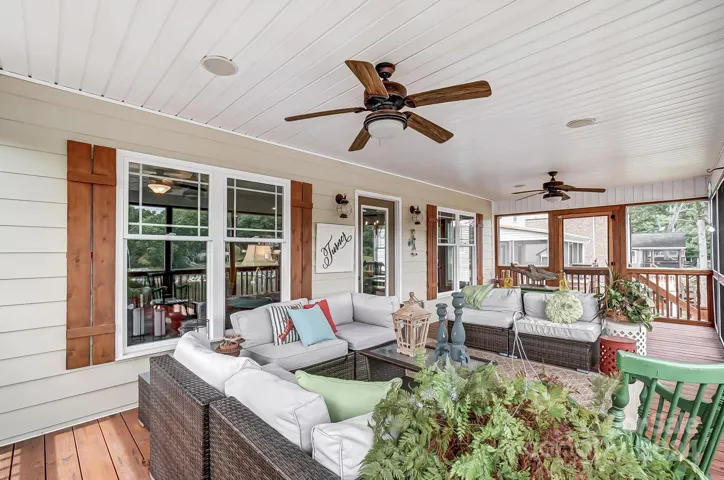 Back screened in porch with year round water views