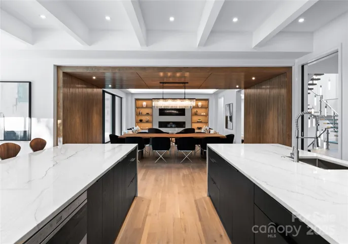Kitchen area opening into dining area
