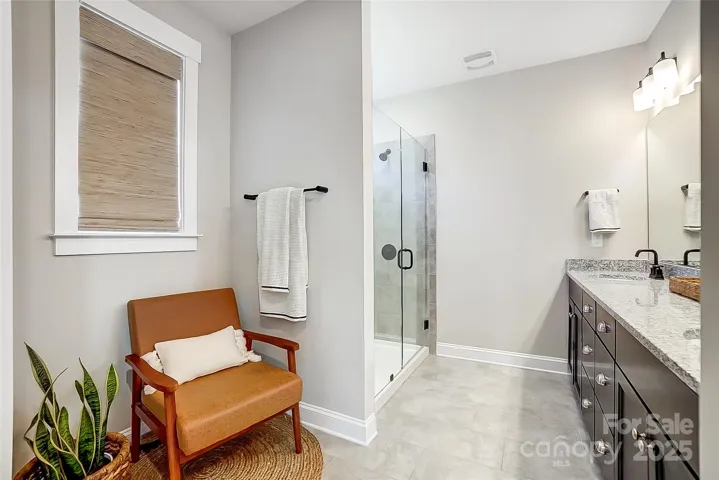 Dual vanities, spacious tile shower, and large walk-in closet