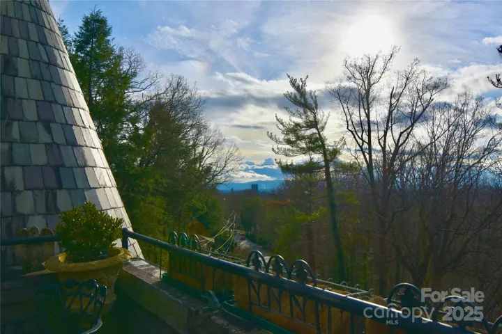 Fabled terrace views of the slate turret roof atop Longchamps with Asheville skyline and Ronald Greene's Jackson Building silhouetted in the distance.