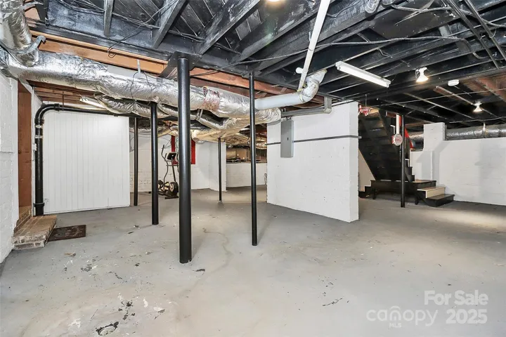 Unfinished basement with door leading to tandem 2 car garage.