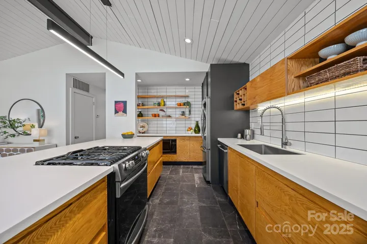 Tile floor, solid surface counter