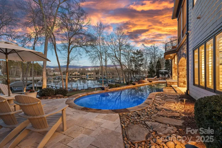 Saltwater heated pool with waterfall