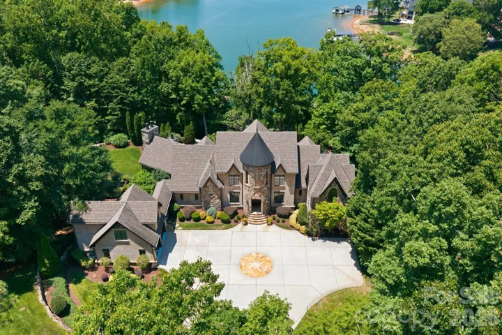 Aerial view of the home featuring stunning views of Lake Norman.