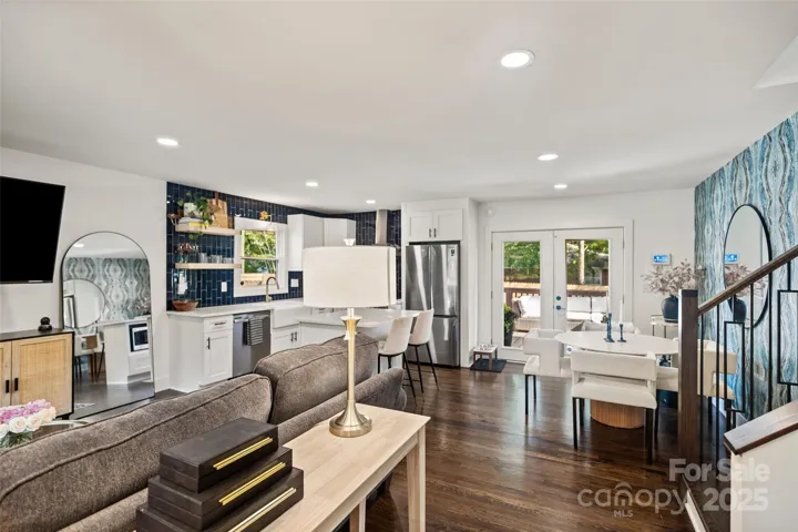Bright, open living room to dining area & kitchen