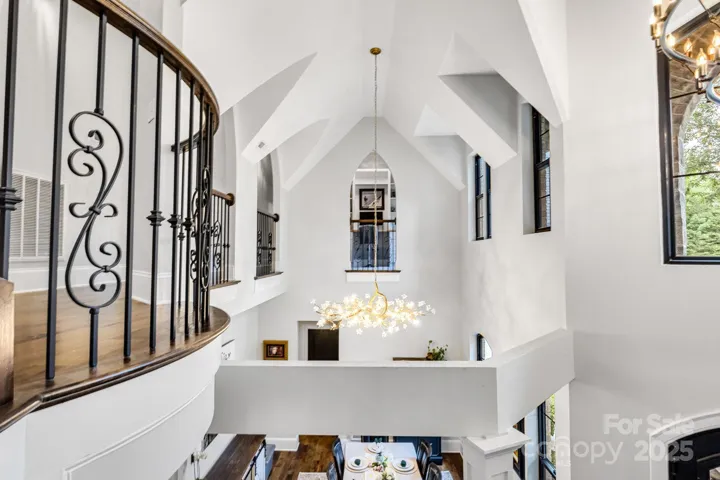 Overlooking the dining room from the spiral staircase