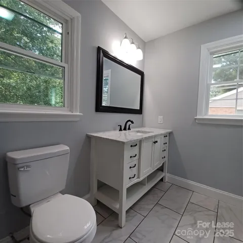 Primary Bath with updated sink base cabinet, flooring, mirrow, and lighting