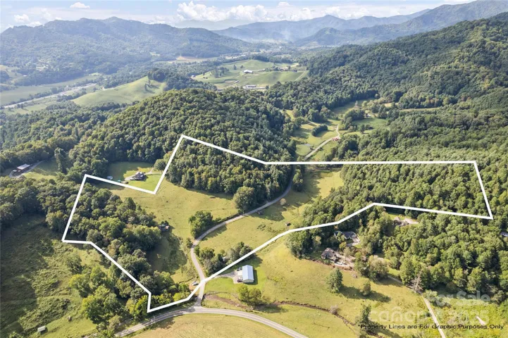 Aerial view of 44 Jenkins Rd with approximate property lines overlaid.