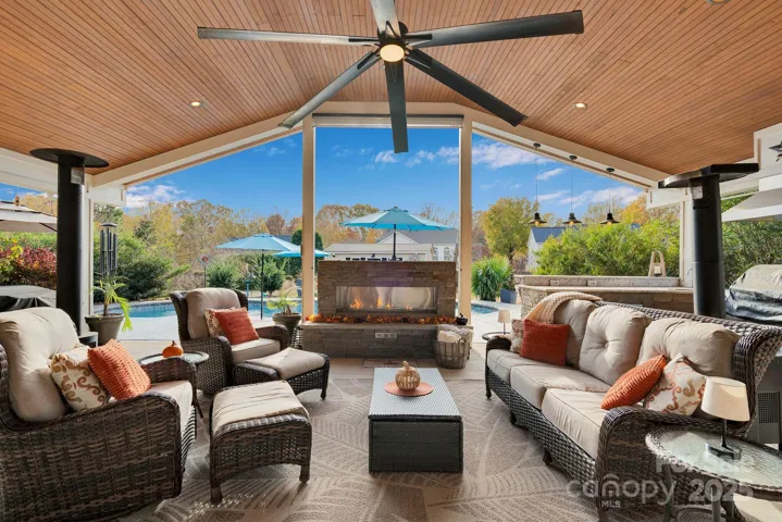 Gas Fireplace, entertaining area, cooking area and bar to your right and Heated Salt Water pool straight ahead.