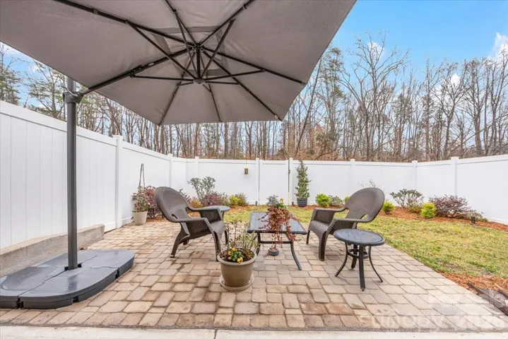 Private backyard with wooded views beyond