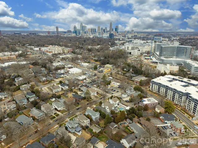Expanded aerial showcasing the easy access from the neighborhood to Uptown Charlotte’s skyline.