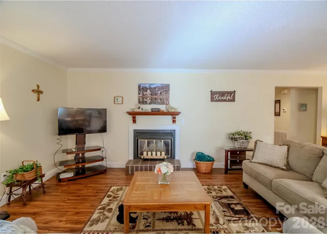 Living area with wood burning fireplace