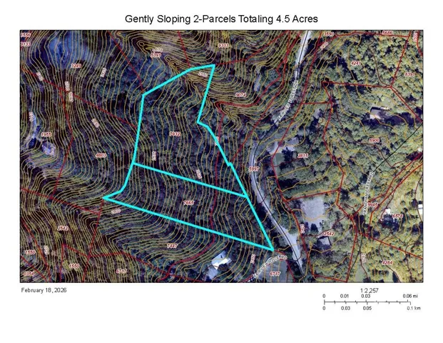 4.45 acres gently sloping upward from Fairview Forest Drive, offering approximately 375 feet of road frontage for easy driveway access. The parcels extend more than 750 feet from the road at their deepest point, allowing for multiple potential homesites set well back for exceptional privacy within a wooded mountain setting.