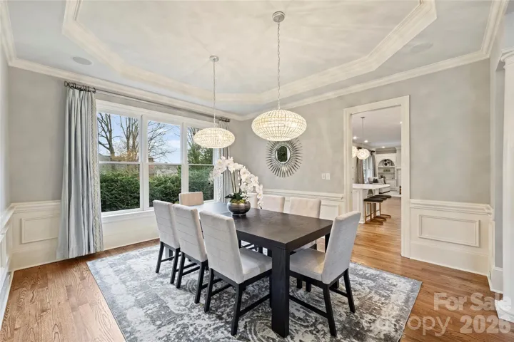 Formal dining room with tray ceiling overlooking backyard