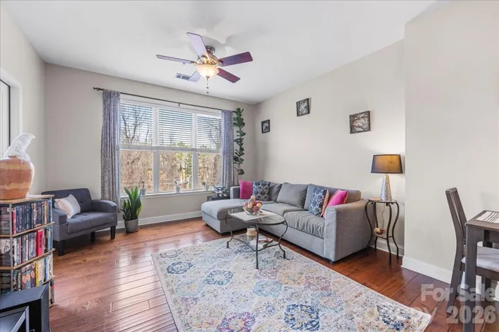 Lots of natural light fills the living room area.
