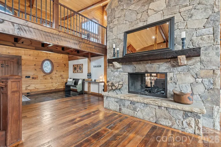Entry with stone fireplace