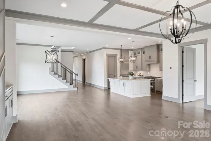 Great Room view to Dining Area and Kitchen