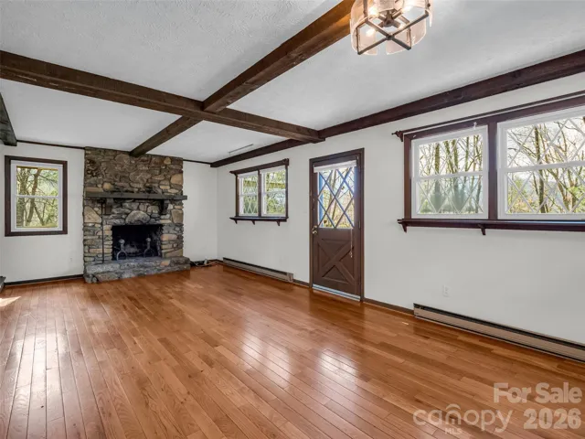 Main living area with a gorgeous rock fireplace