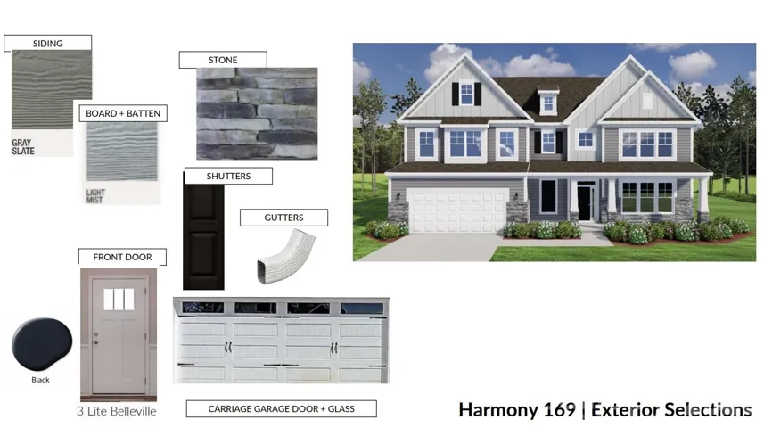 Visual representation of exterior design selections for Homesite 169