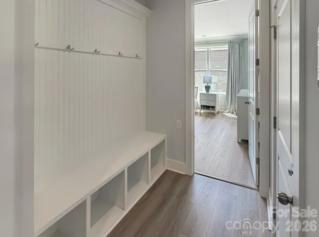 drop zone off of the garage next to the flex room and laundry with large storage closet