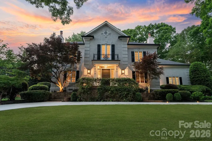 Front exterior view at twilight.