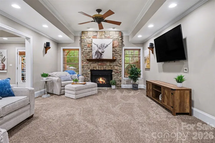Basement living room with fireplace and built-in cabinets
