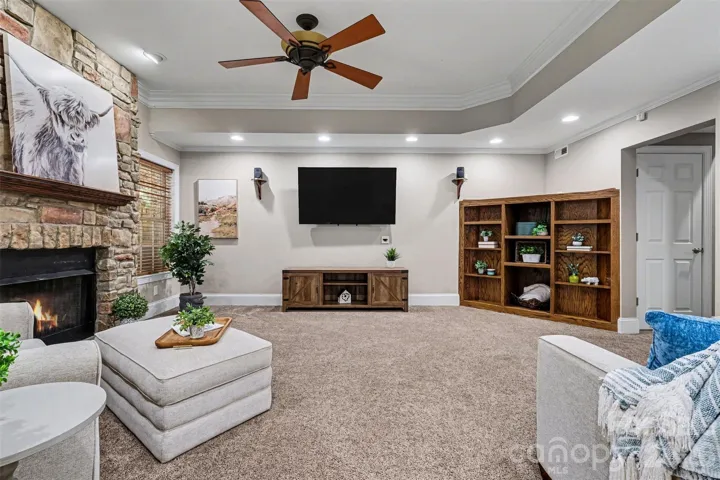 Basement living room with fireplace and built-in cabinets