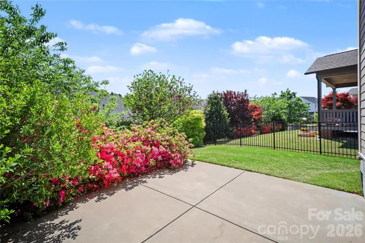 Fully-fenced back yard with mature landscaping