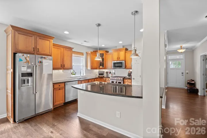 Designer Pendants over Island and recessed lighting in Kitchen.