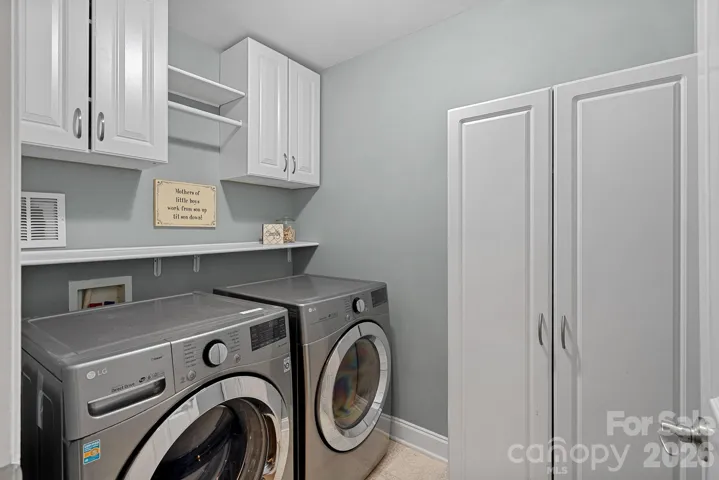 Upstairs laundry Room with built ins and shelving