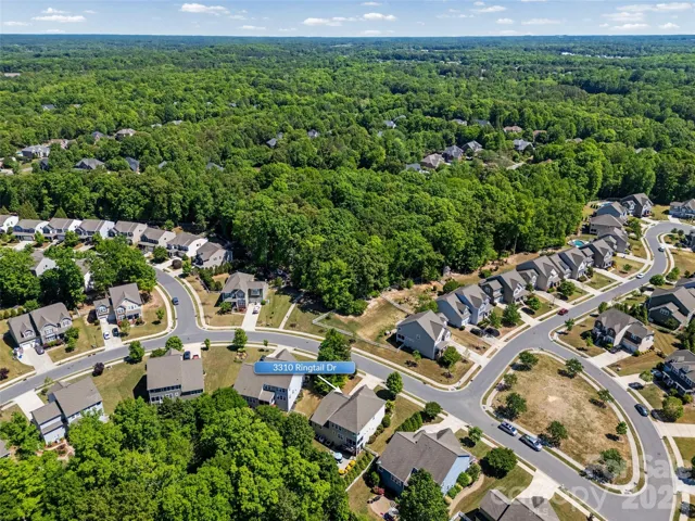Aerial view of mature trees and pocket park across from home