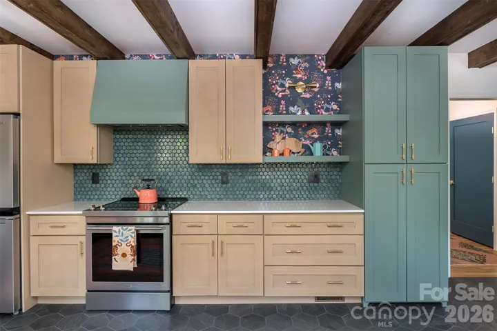 kitchen with custom shelves and so much storage!