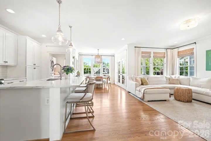 Light filled first floor living and dining space with open floor plan to kitchen and rear porch 