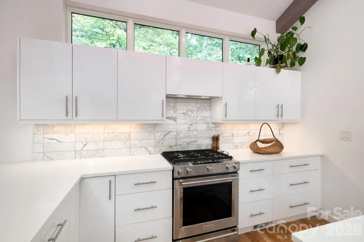 Stainless range framed by modern cabinetry and tile backsplash.
